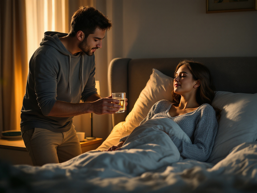 Una escena realista en una habitación acogedora donde Juan coloca un vaso de agua en la mesita de noche mientras Ana, que está recuperándose, se sienta cómodamente en la cama
