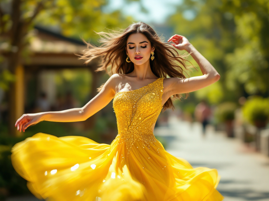 Mujer con un vestido amarillo deslumbrante bailando