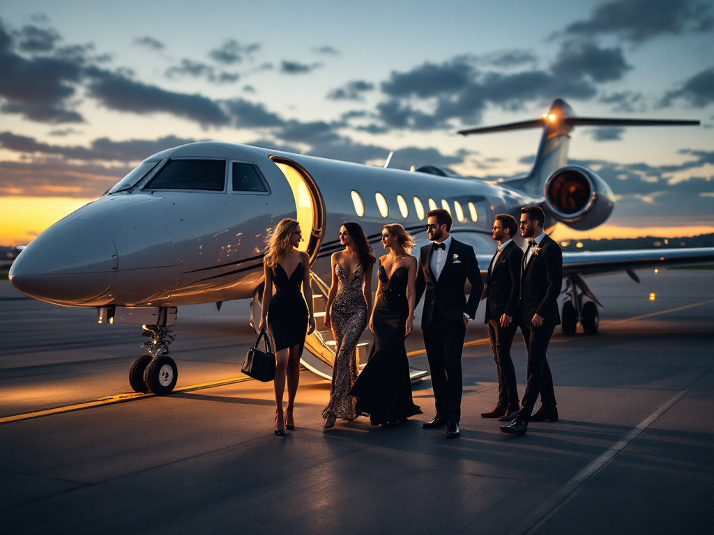 Grupo de personas elegantemente vestidas abordando un jet privado