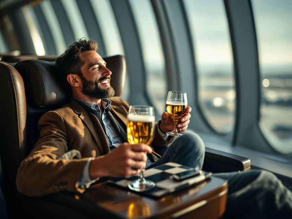 Hombre relajado bebiendo champán en una sala VIP de aeropuerto