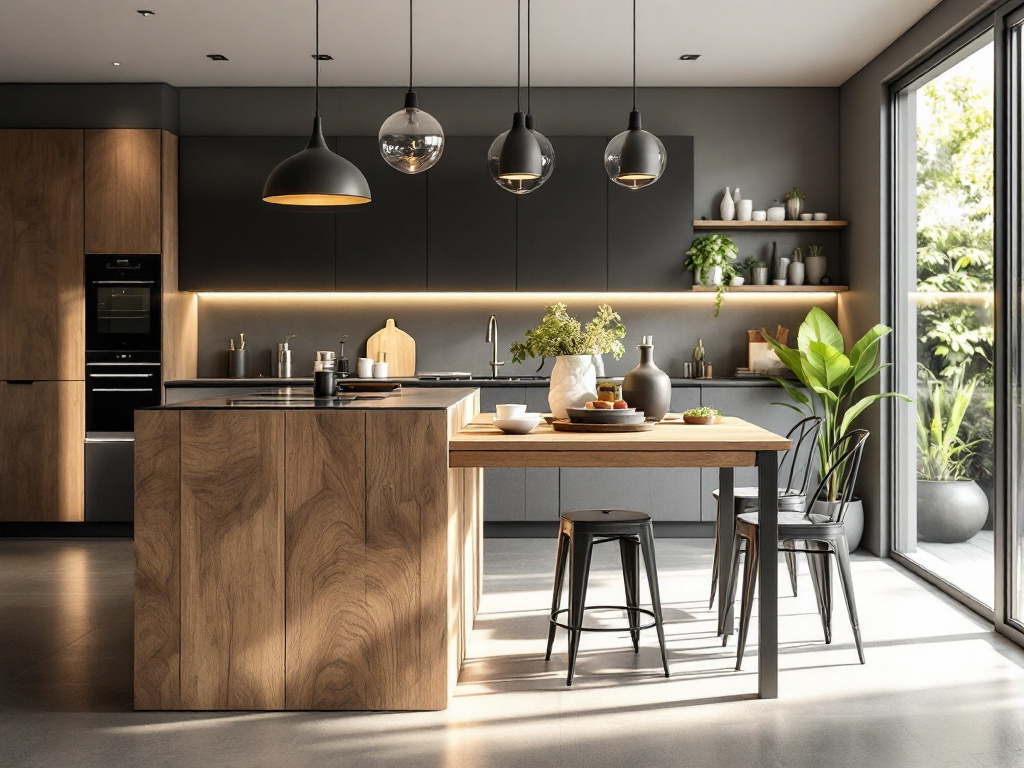 Una mesa de madera en una cocina moderna