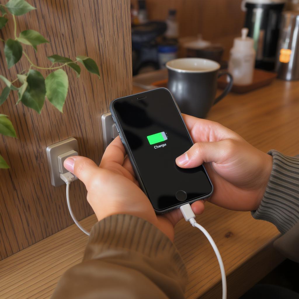 A person charging a mobile device in a coffee shop