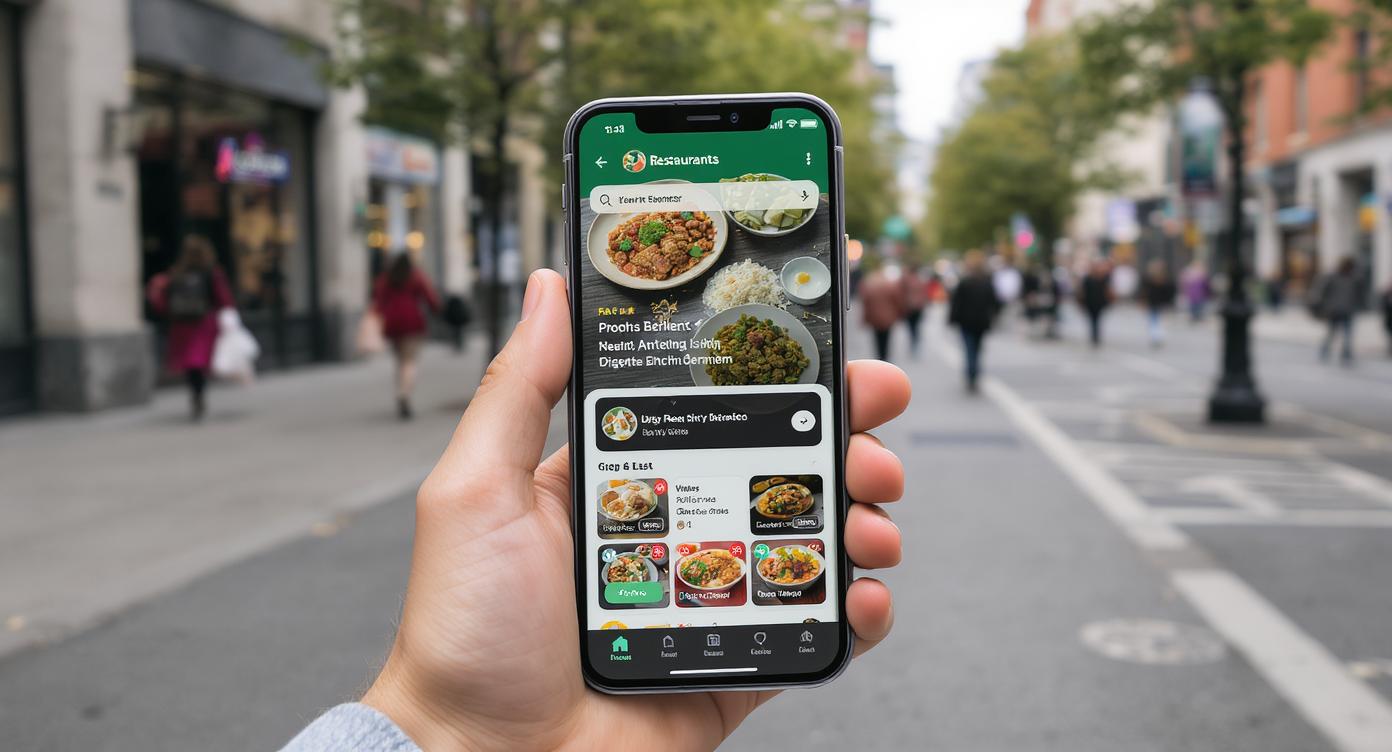 Persona usando una aplicación móvil para encontrar restaurantes