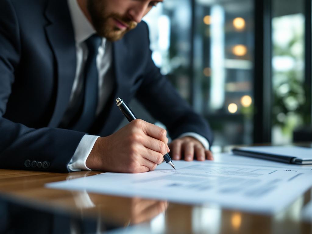 An executive signing a contract at a conference room after sealing a deal