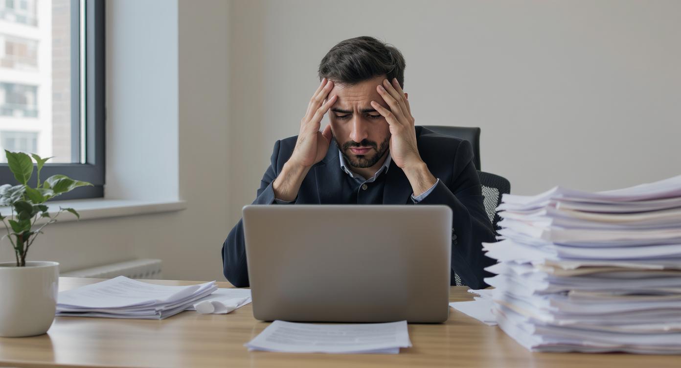 Trabajador poniéndose al día con correos electrónicos y trabajo en la oficina