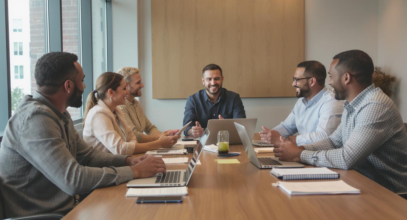 office workers exchanging feedback after a meeting