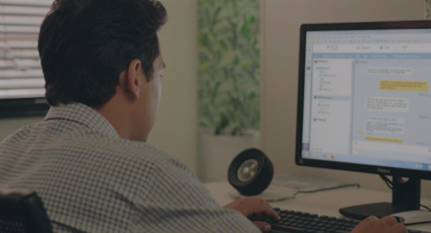 Persona en oficina enviando un mensaje rápido