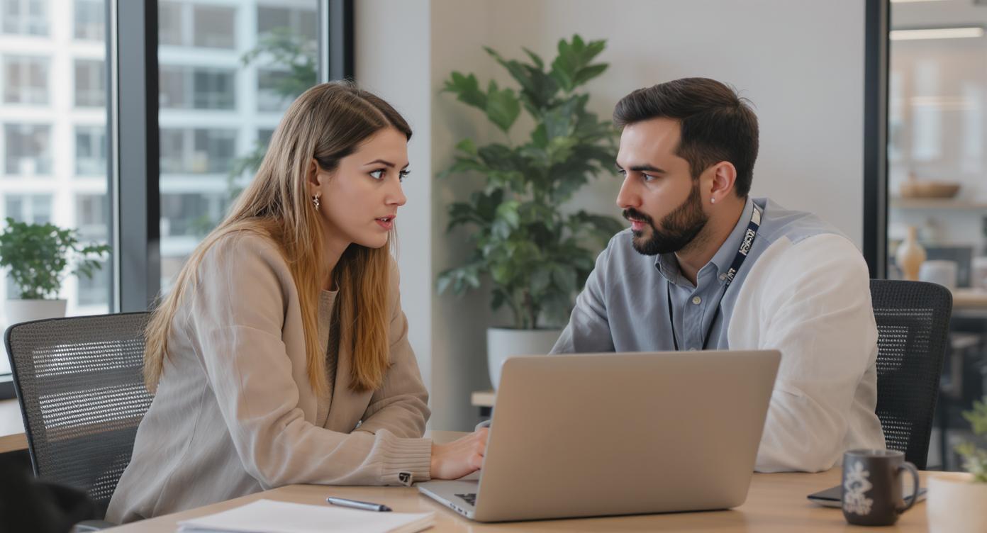 Two colleagues discussing a project in an office
