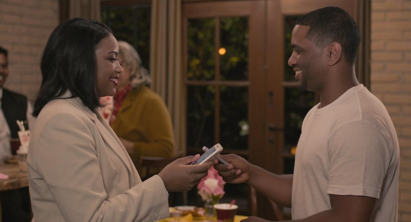 two people exchanging phone numbers in a social setting