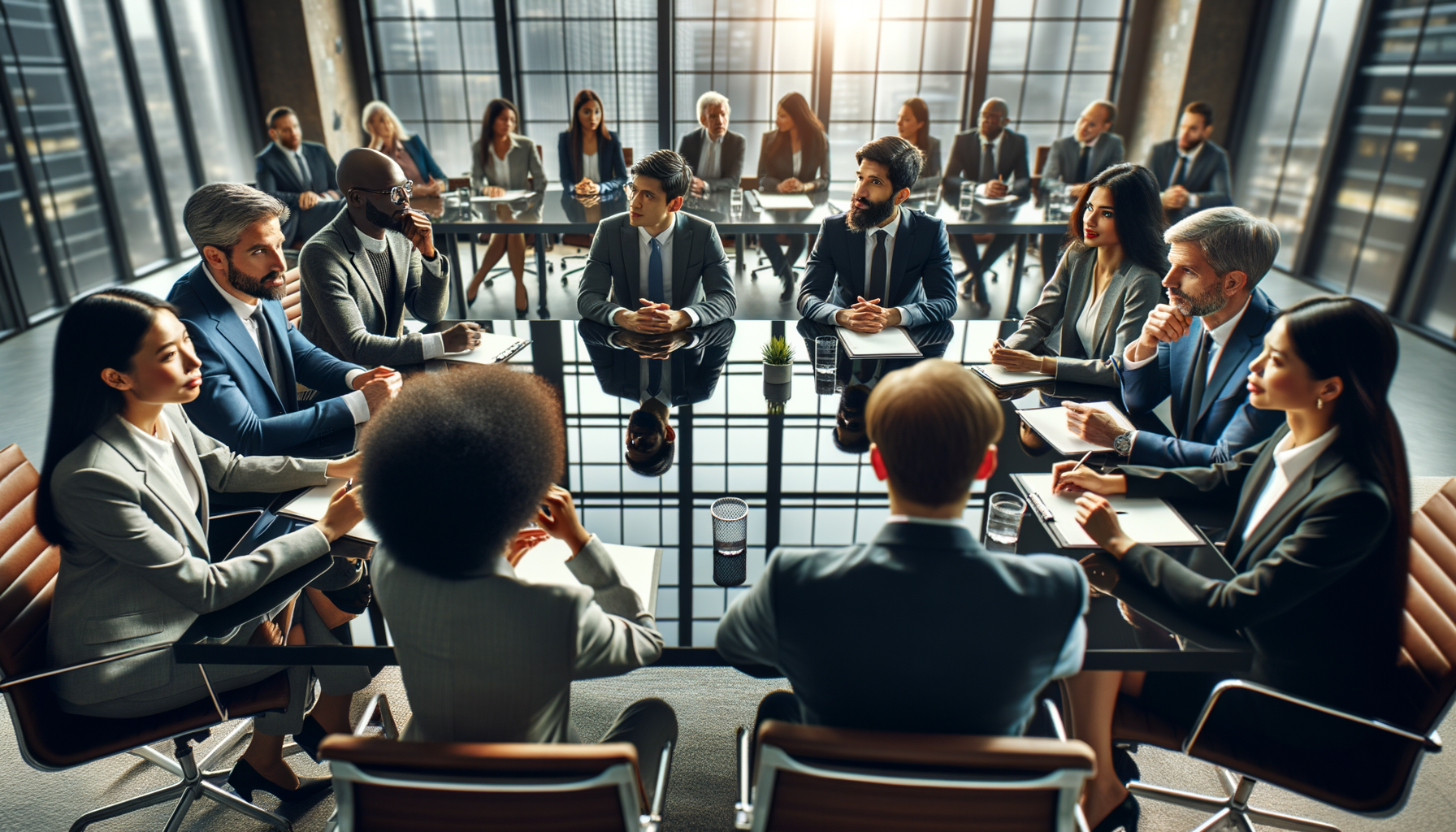 Reunión de negocios con personas regulando su esfuerzo durante la larga discusión