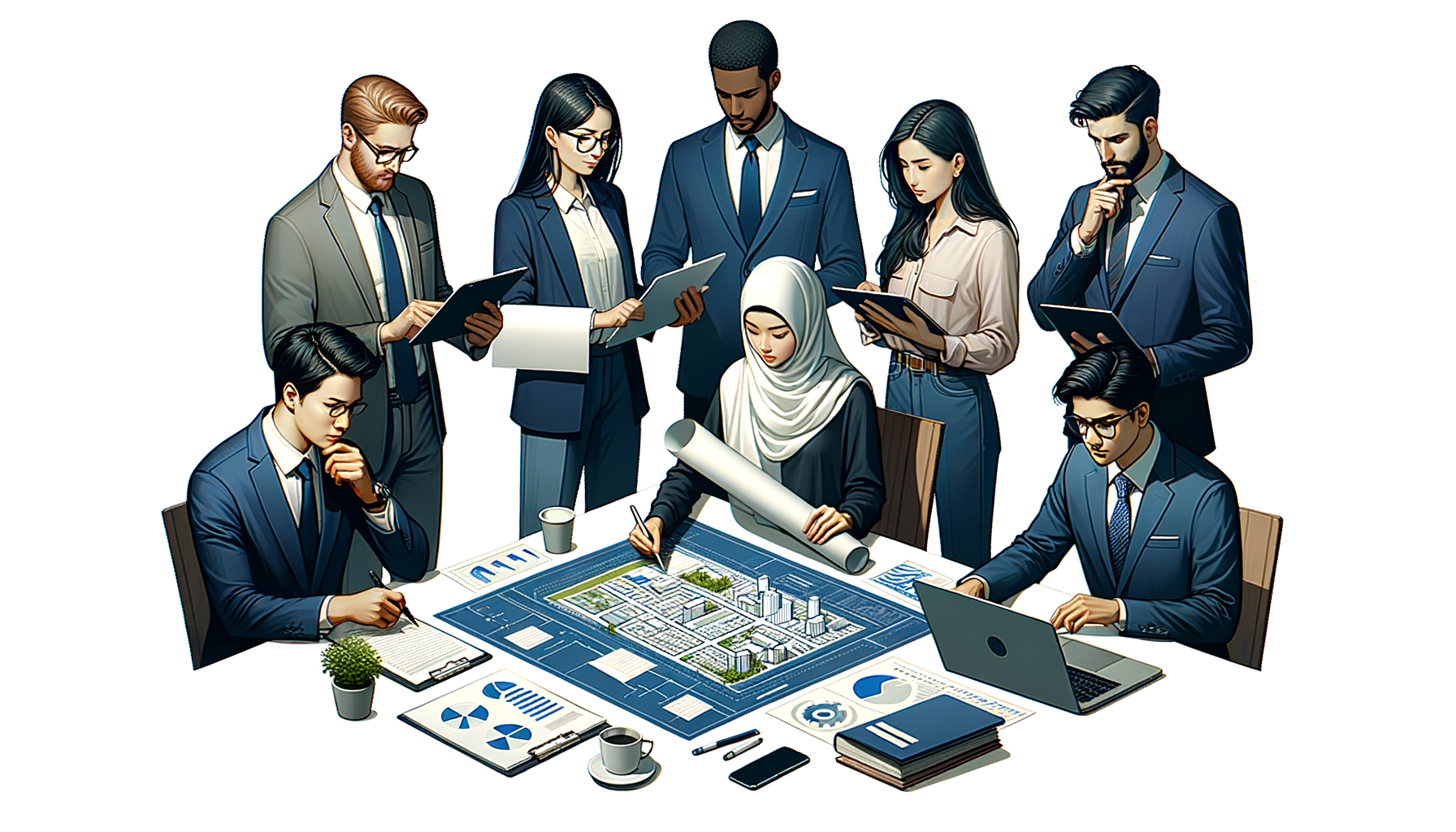 Grupo de negocios trabajando juntos para planificar estratégicamente un proyecto