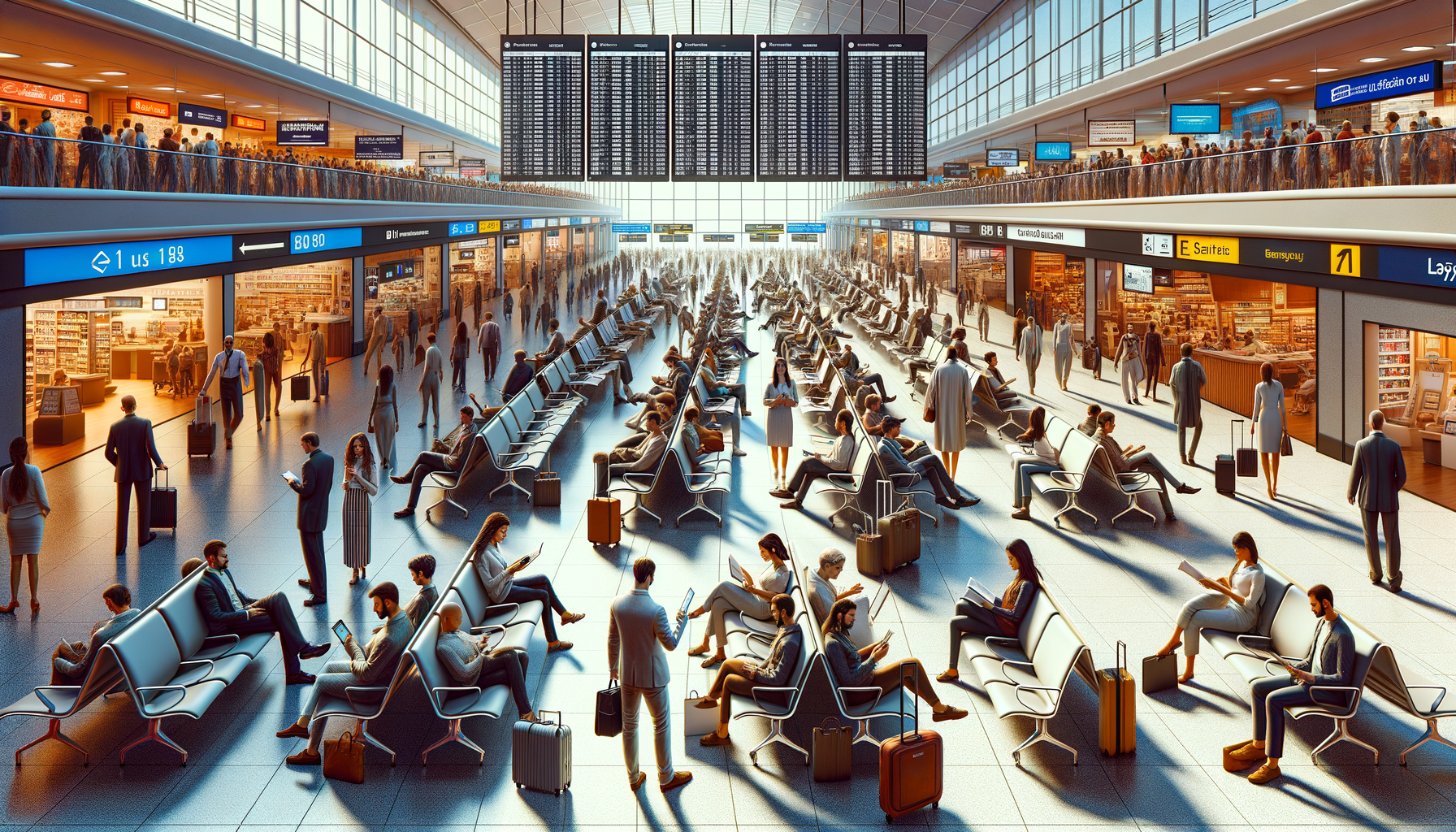 Escena de una terminal de aeropuerto ocupada, representando una escala