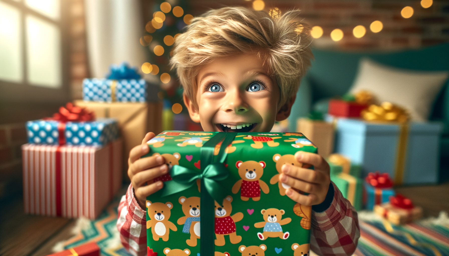 Un niño mirando con emoción dentro de una caja de regalo envuelta, capturando emoción y curiosidad