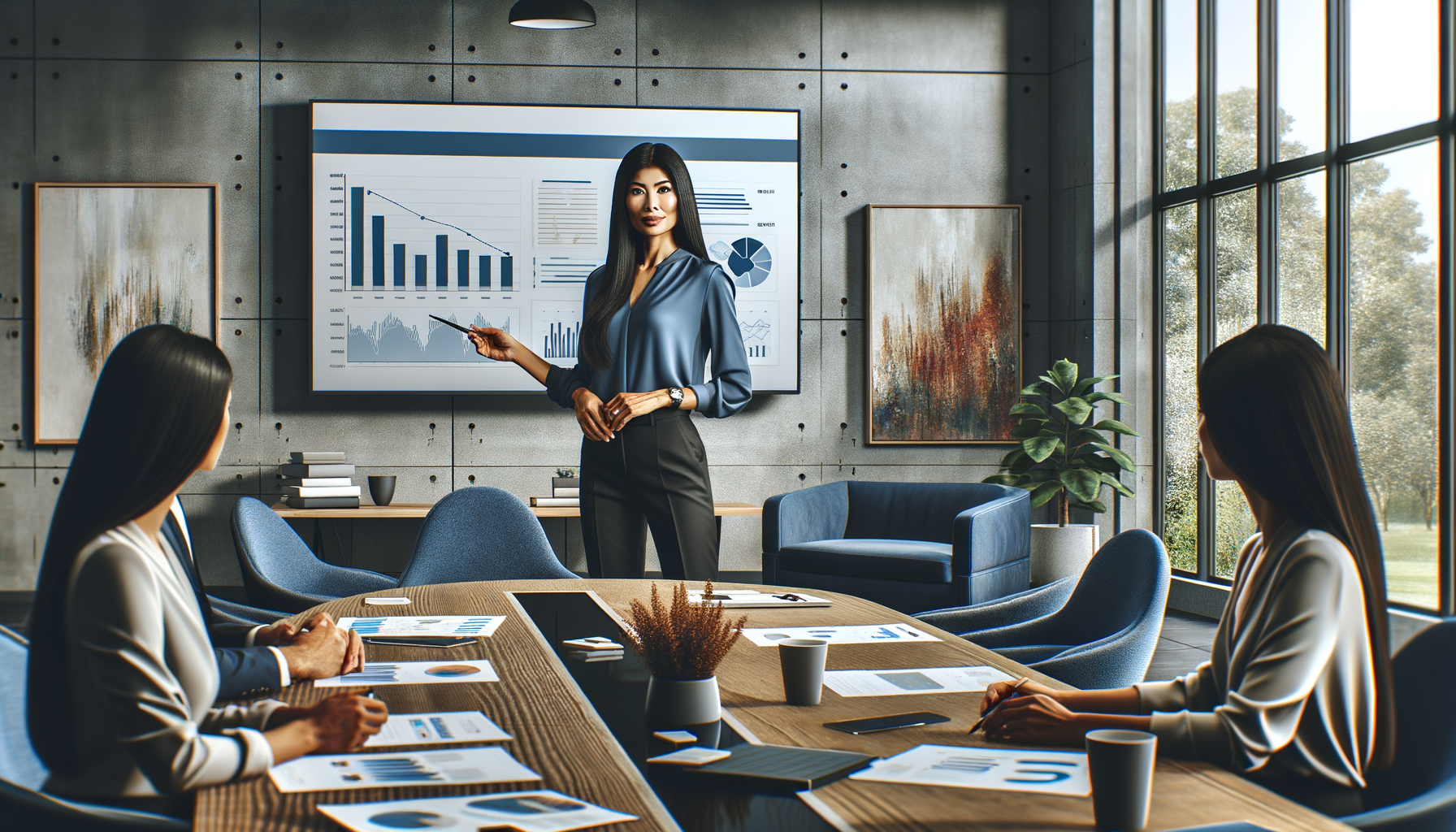 A confident woman presenting a project in a business meeting, symbolizing taking initiative and responsibility