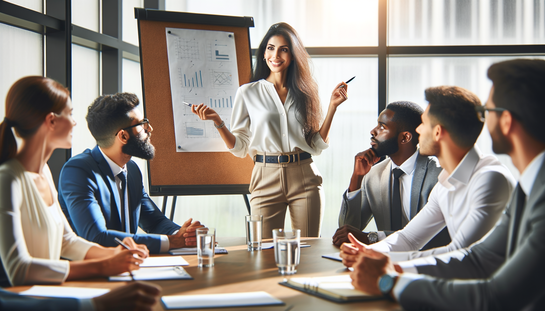 A diverse group of professionals in a meeting, discussing, with one person presenting an idea confidently
