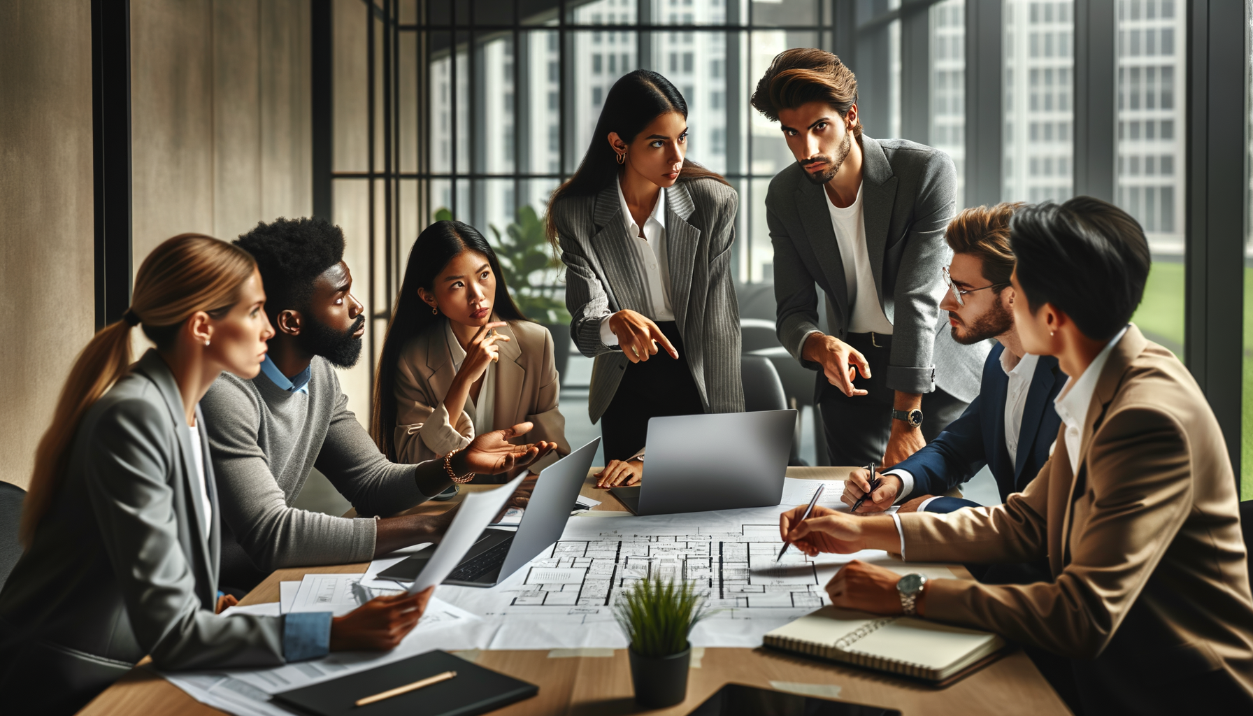 A group of colleagues in a meeting room discussing