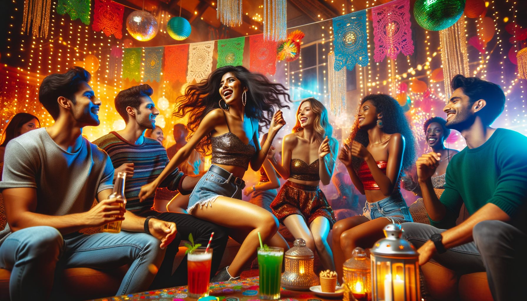 Amigos en una fiesta, algunos bailando y otros descansando