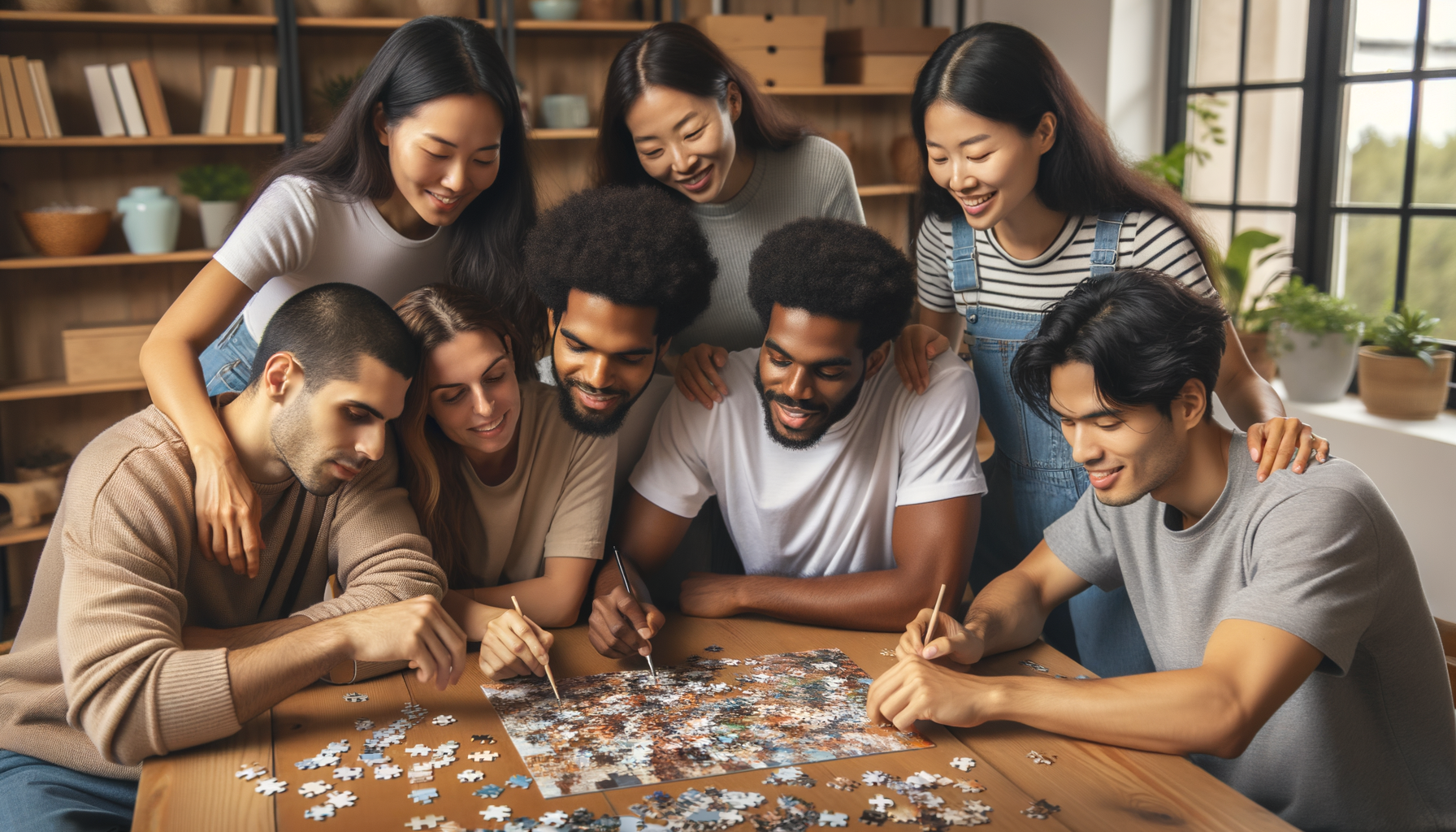 Un grupo de amigos colaborando en un hogar acogedor