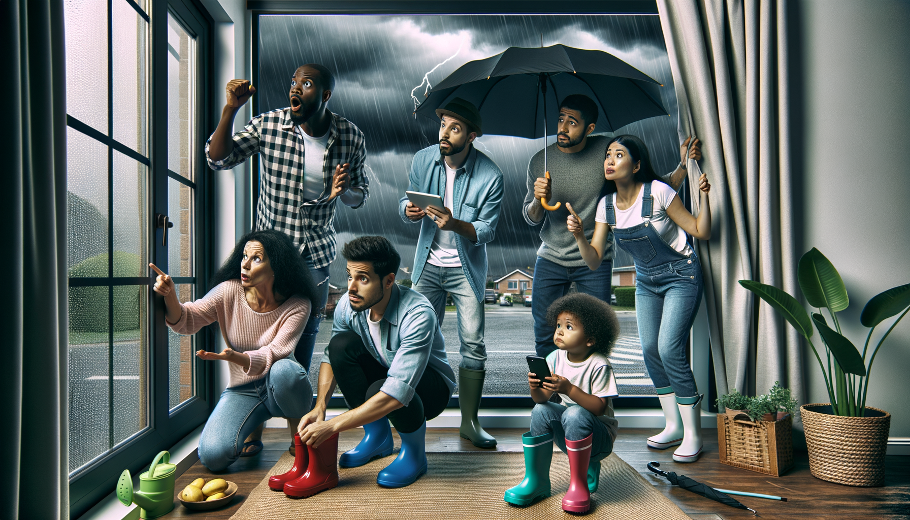 A group of friends preparing for rain based on a weather alert.