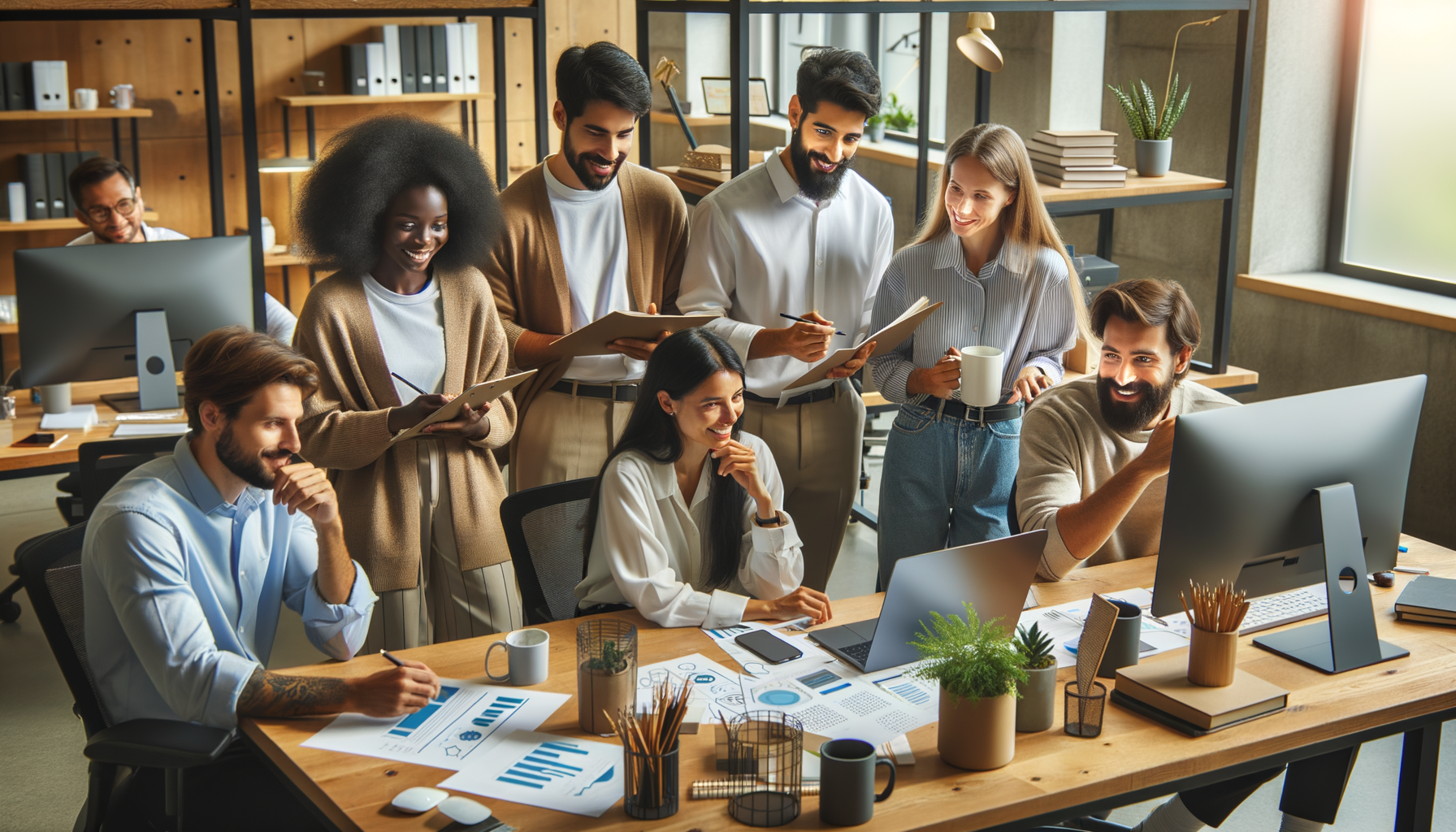 A group of people collaborating in an office environment