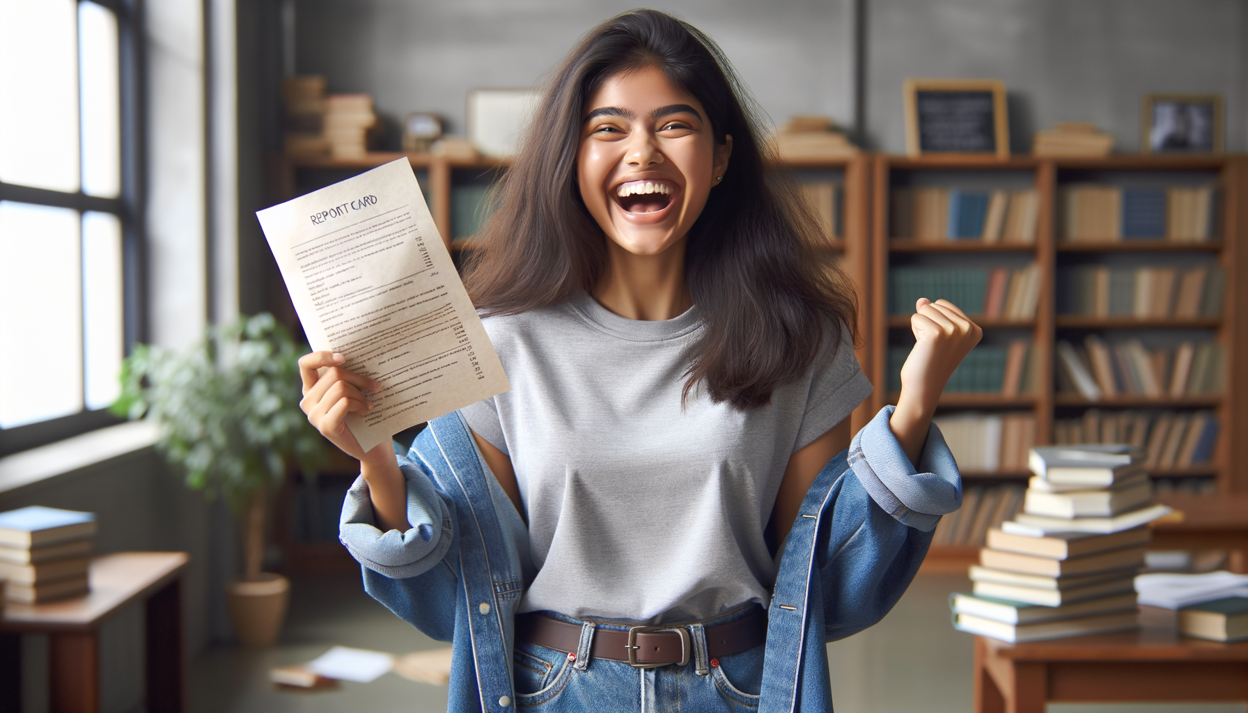 A happy student with a report card, symbolizing being 'off the hook' after a stressful exam