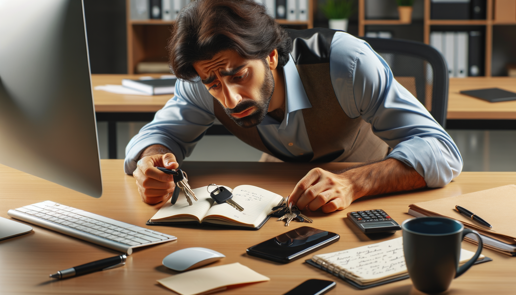 Persona buscando sus llaves en un escritorio de oficina