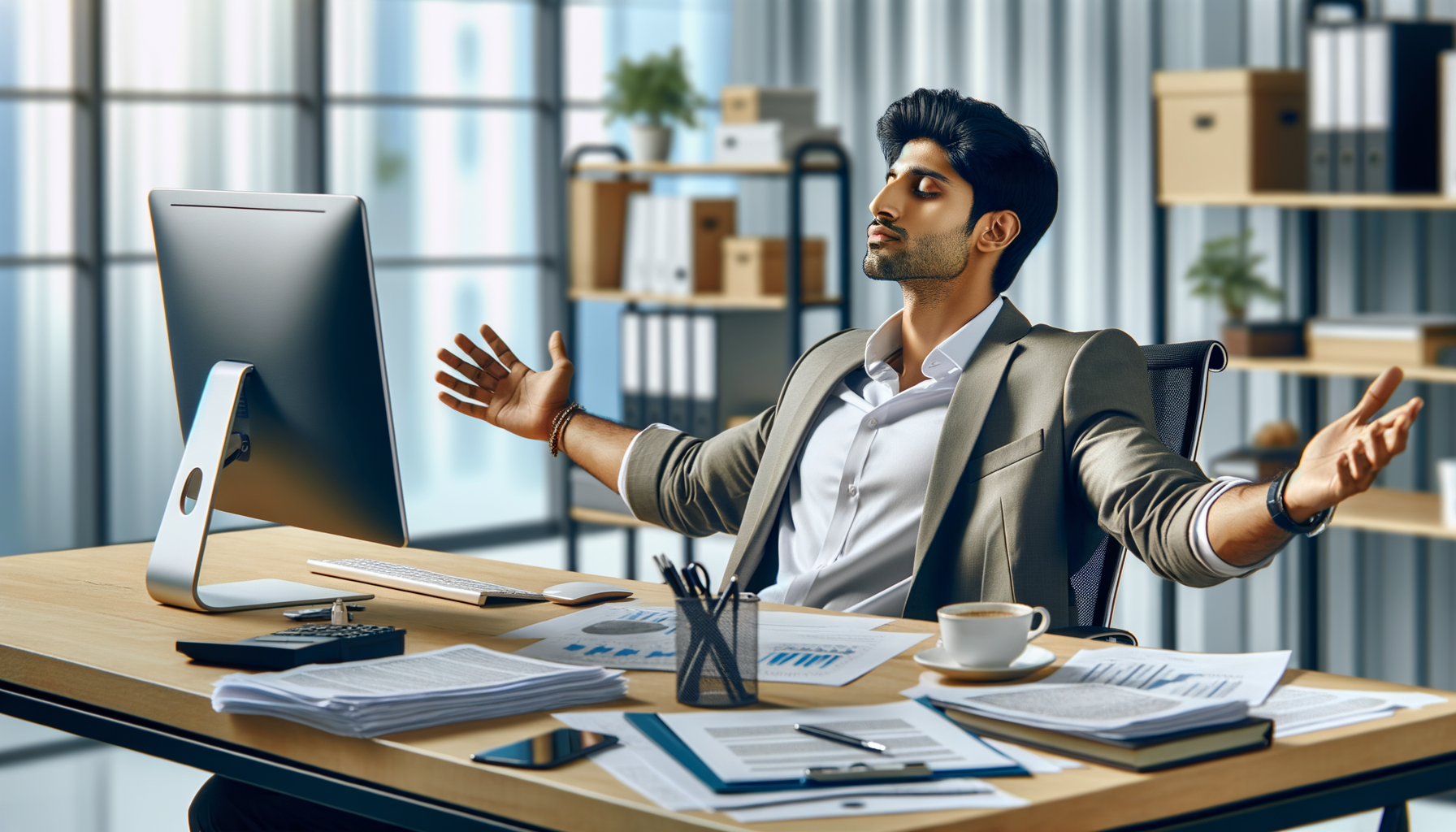 A person looking relieved sitting at an office desk, symbolizing feeling 'off the hook' after a work discussion