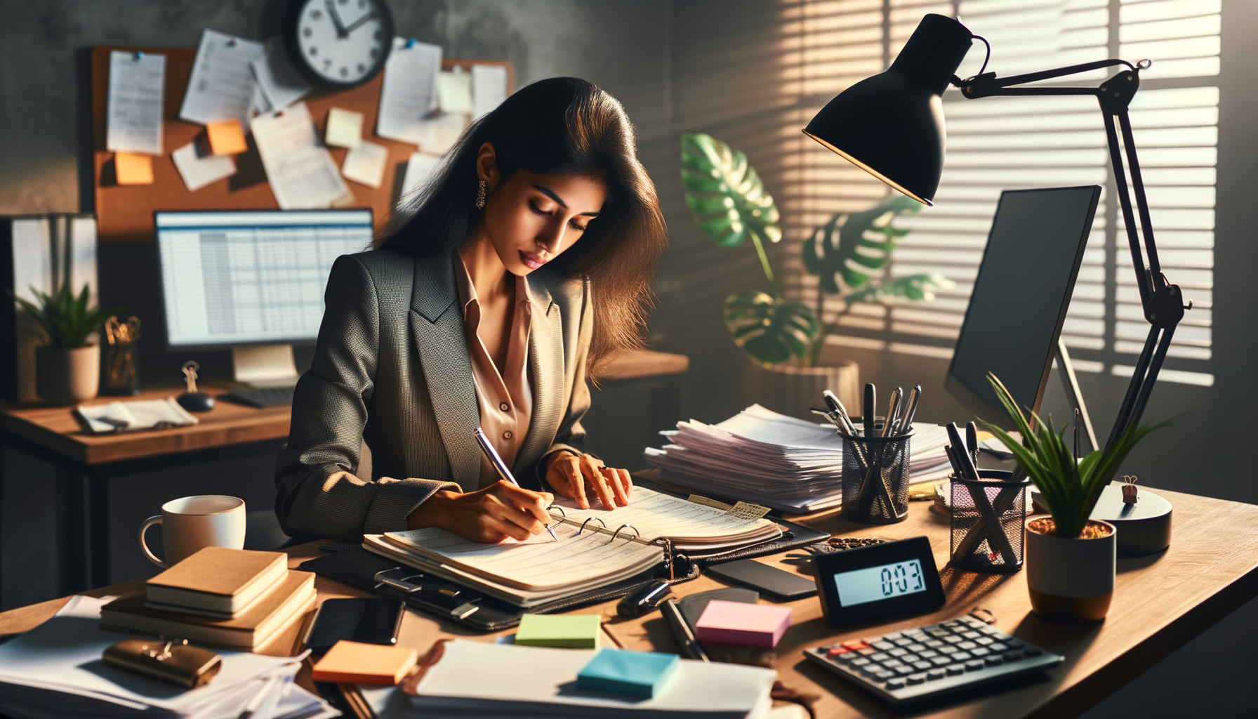 Persona priorizando tareas en una agenda en una oficina