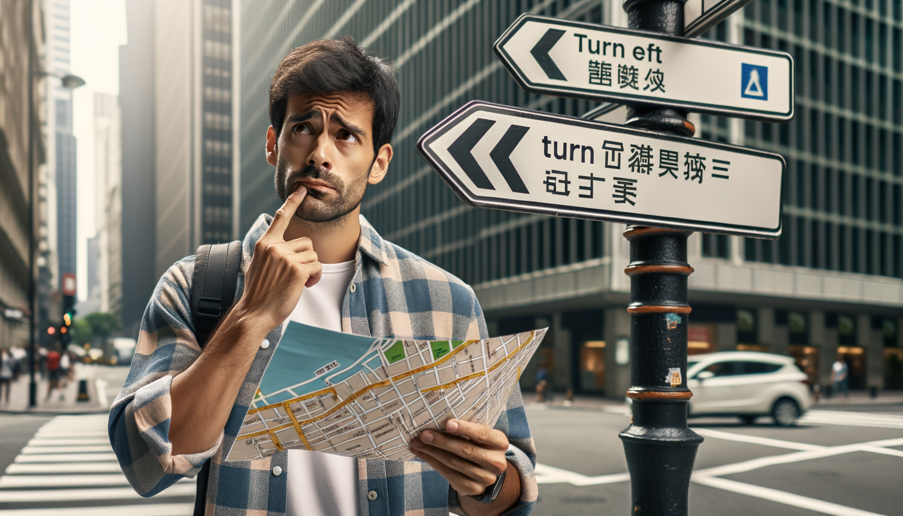 A person standing at a street corner looking at a city map, preparing to turn left