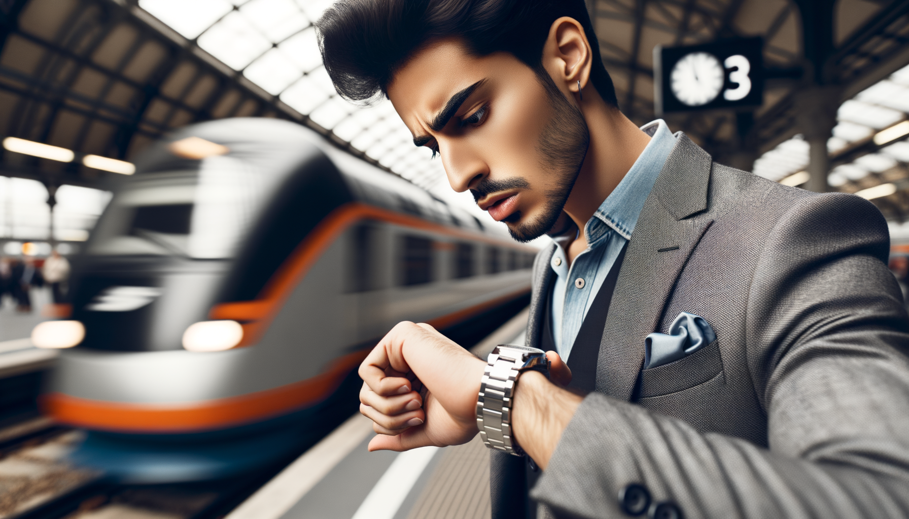 Persona mirando su reloj rápidamente en una estación de tren