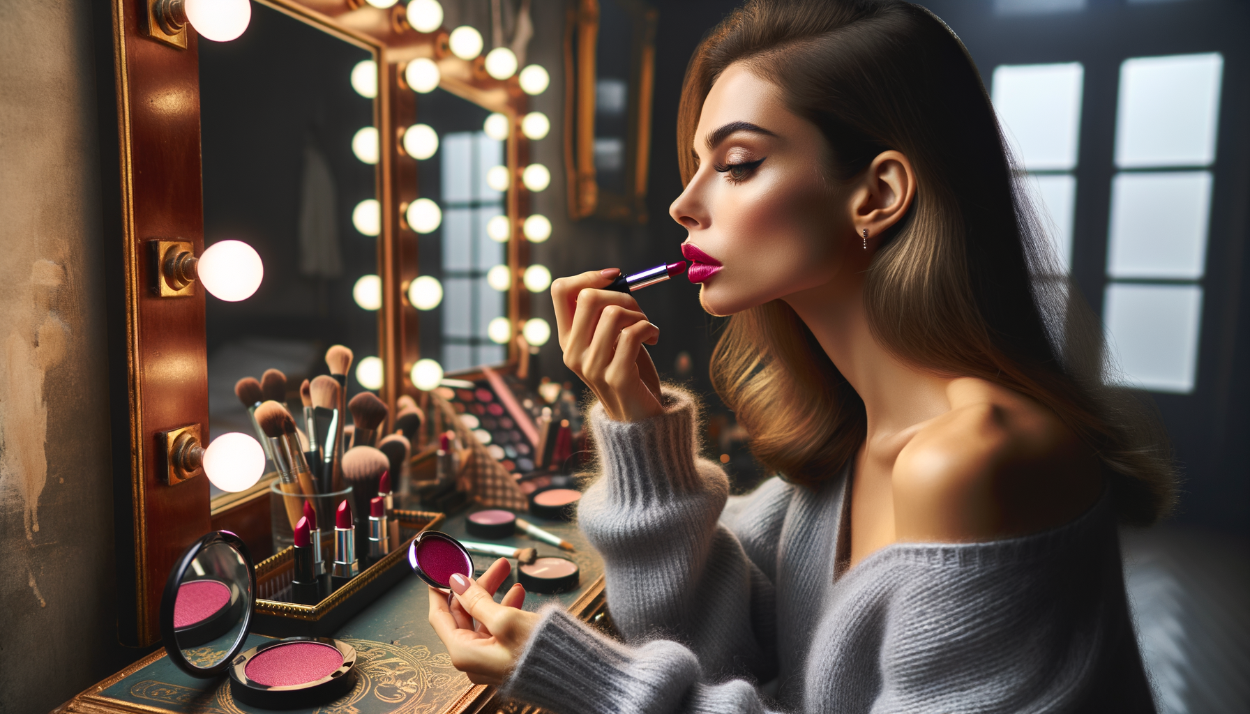 Una persona retocándose el maquillaje frente al espejo