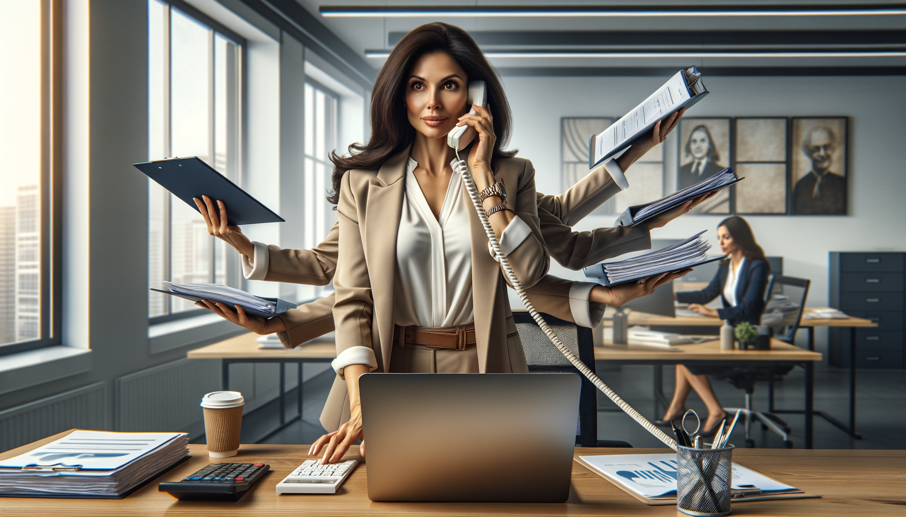 Una mujer de negocios gestionando múltiples tareas