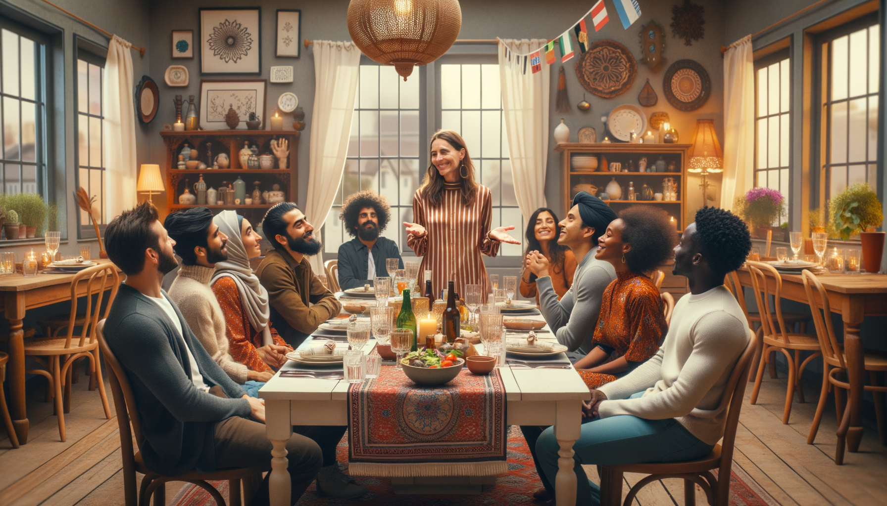 A social dinner gathering where someone is asking to swap in a friend