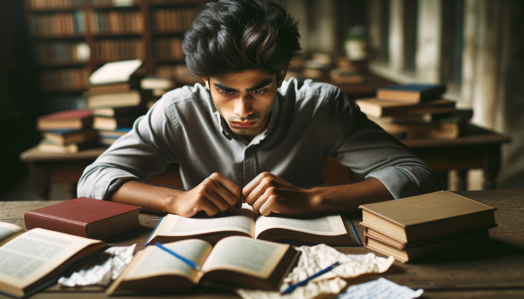 A student seriously studying with focus