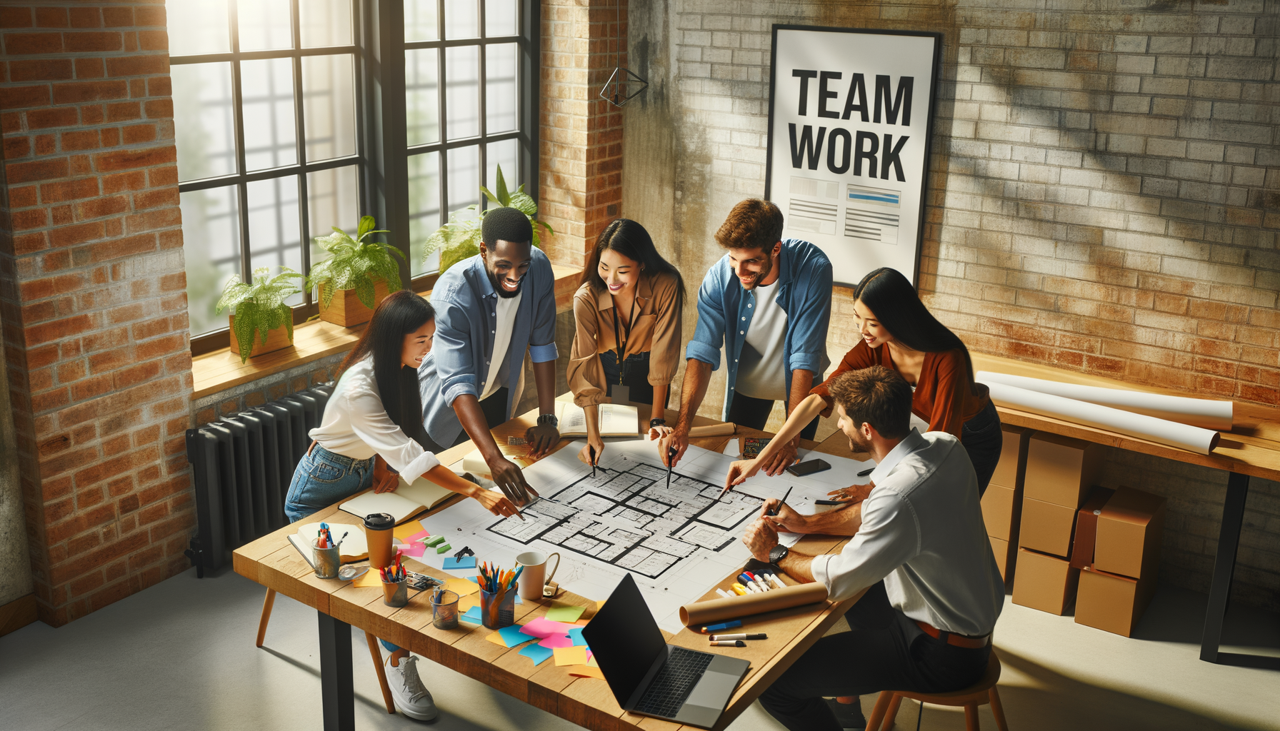 A team collaboating, planning a project in an office environment, symbolizing teamwork and stepping up