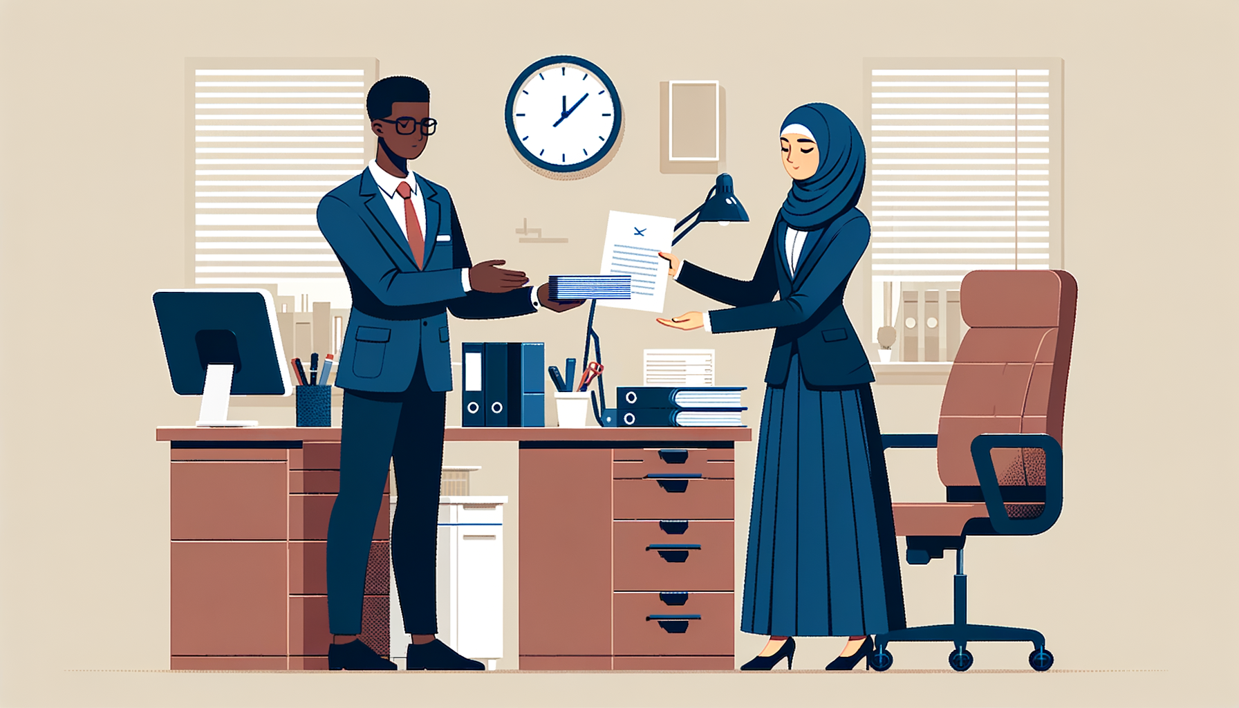 An office scene, showing a worker turning in a document to their boss