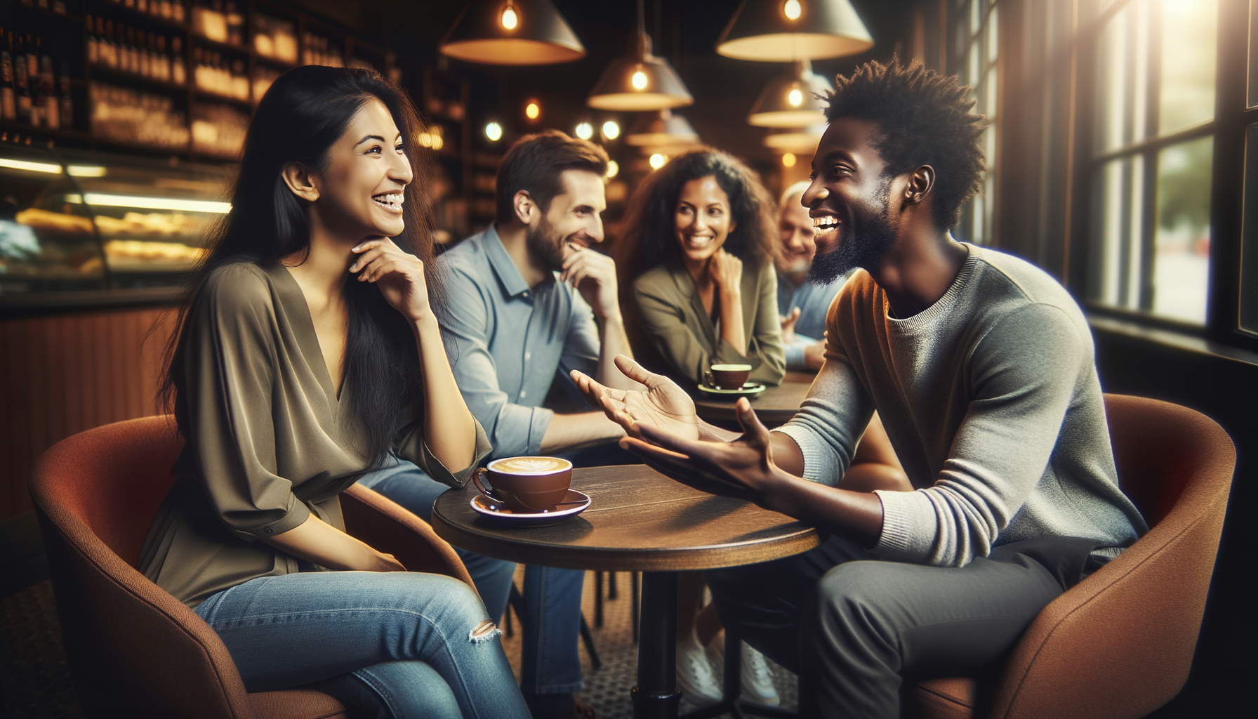 Friends at a café deciding to switch places
