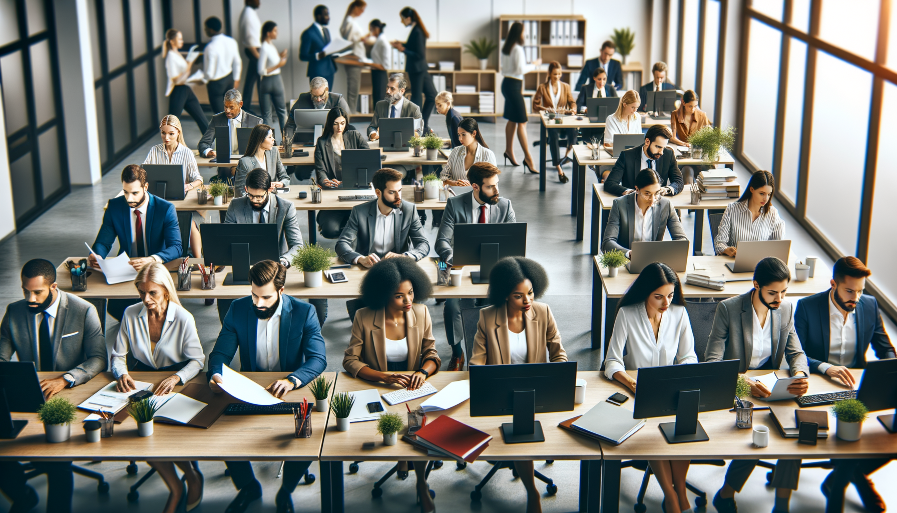 People in an office switching tasks at their desks