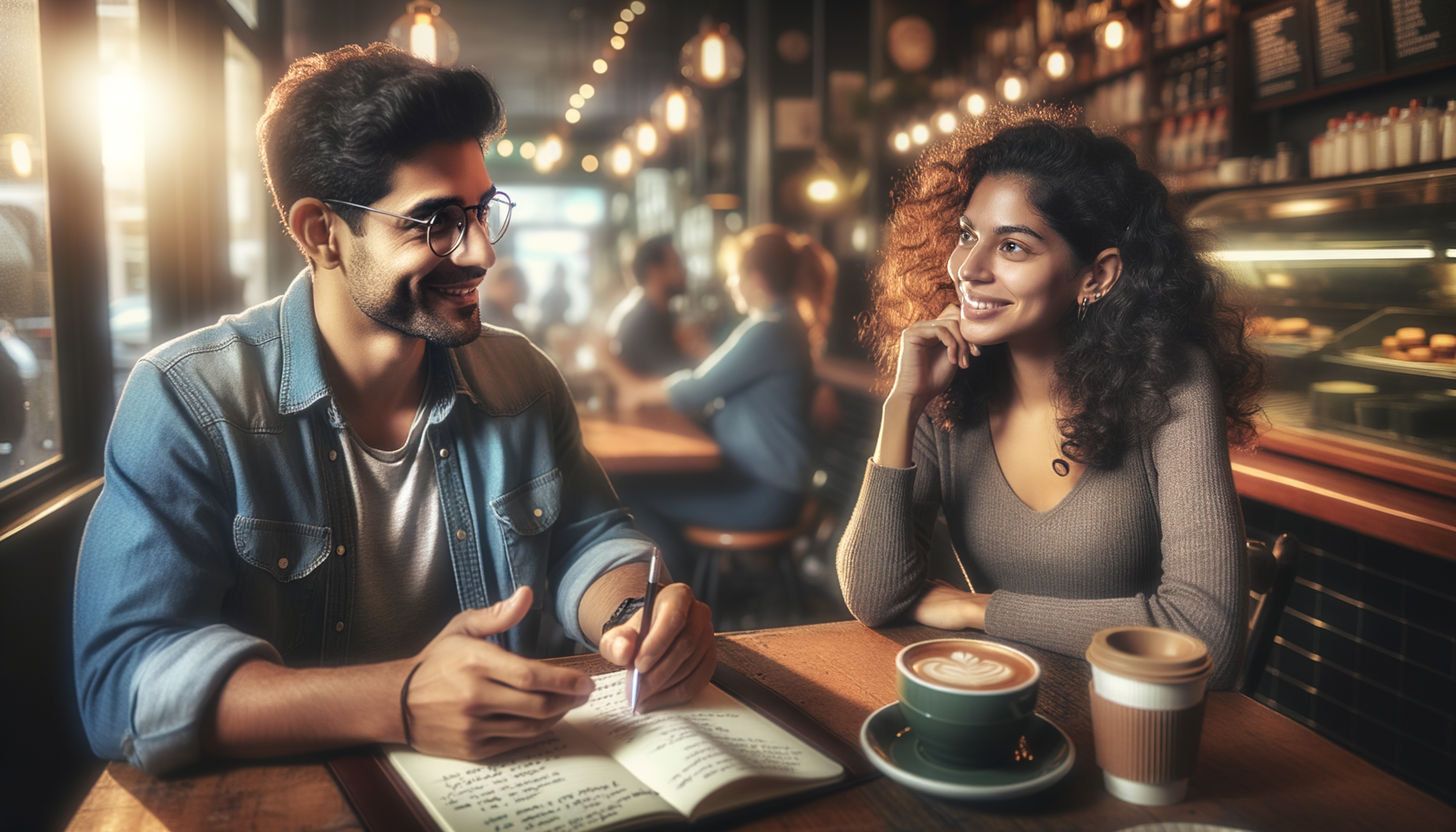 Amigos planeando juntos en una cafetería
