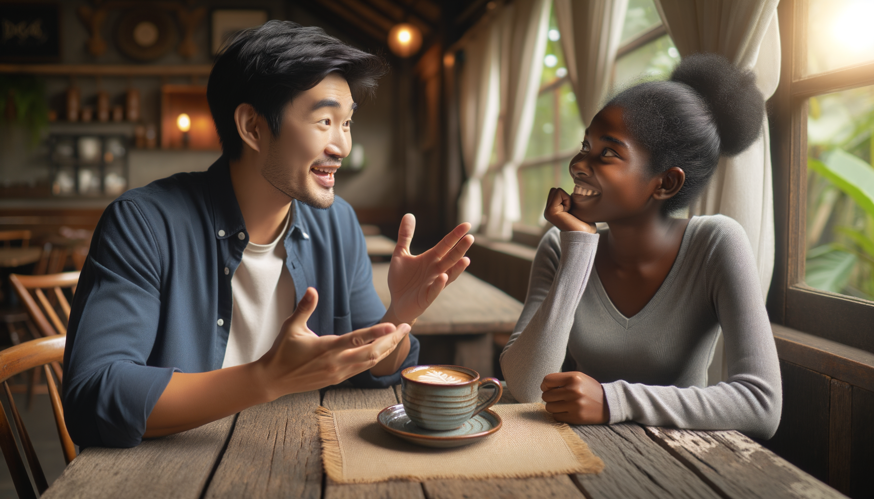 Two friends having coffee in a cozy cafe, one expressing ideas passionately, showing enthusiasm and contribution