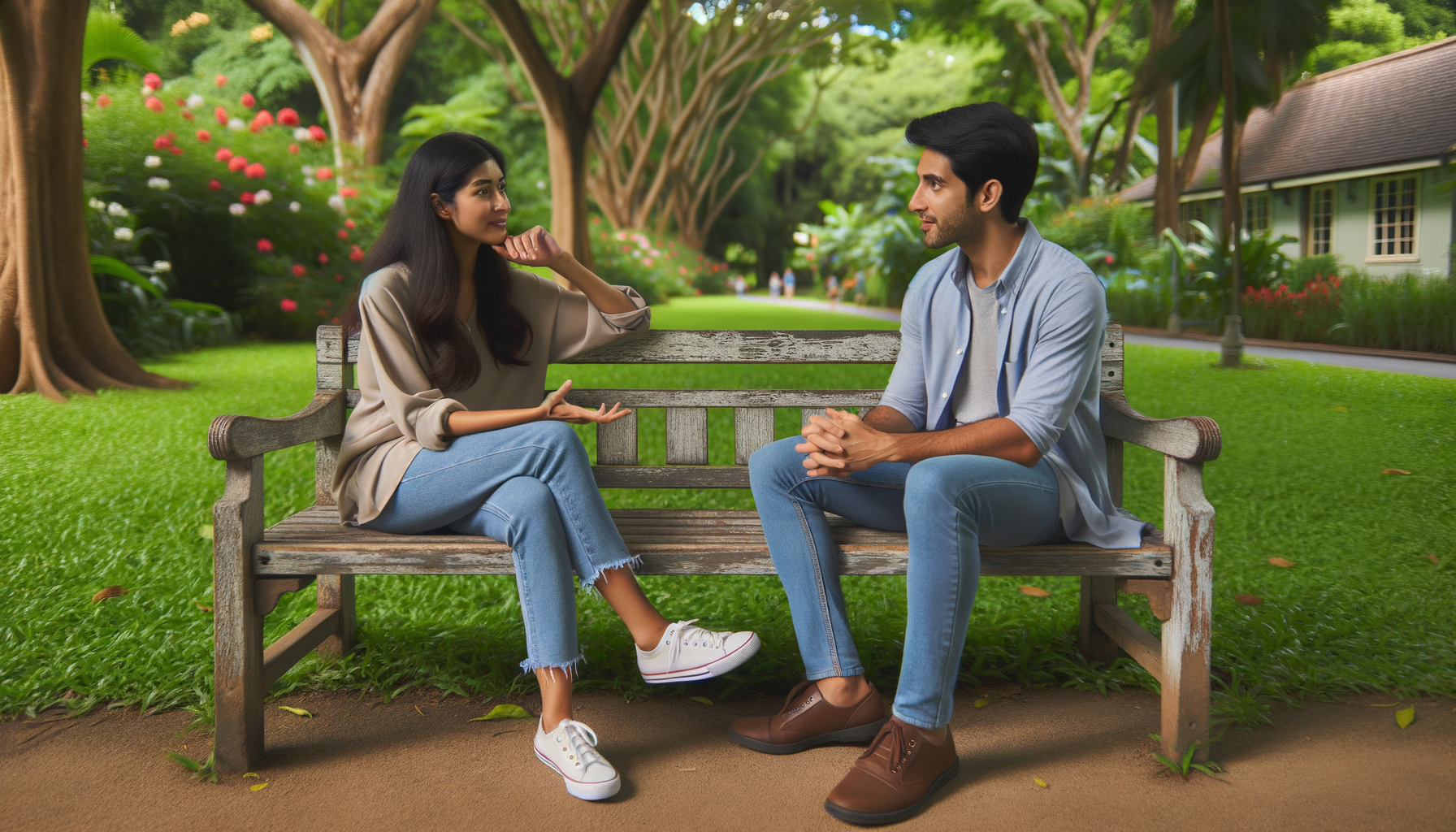 Two friends sitting on a park bench, having a conversation