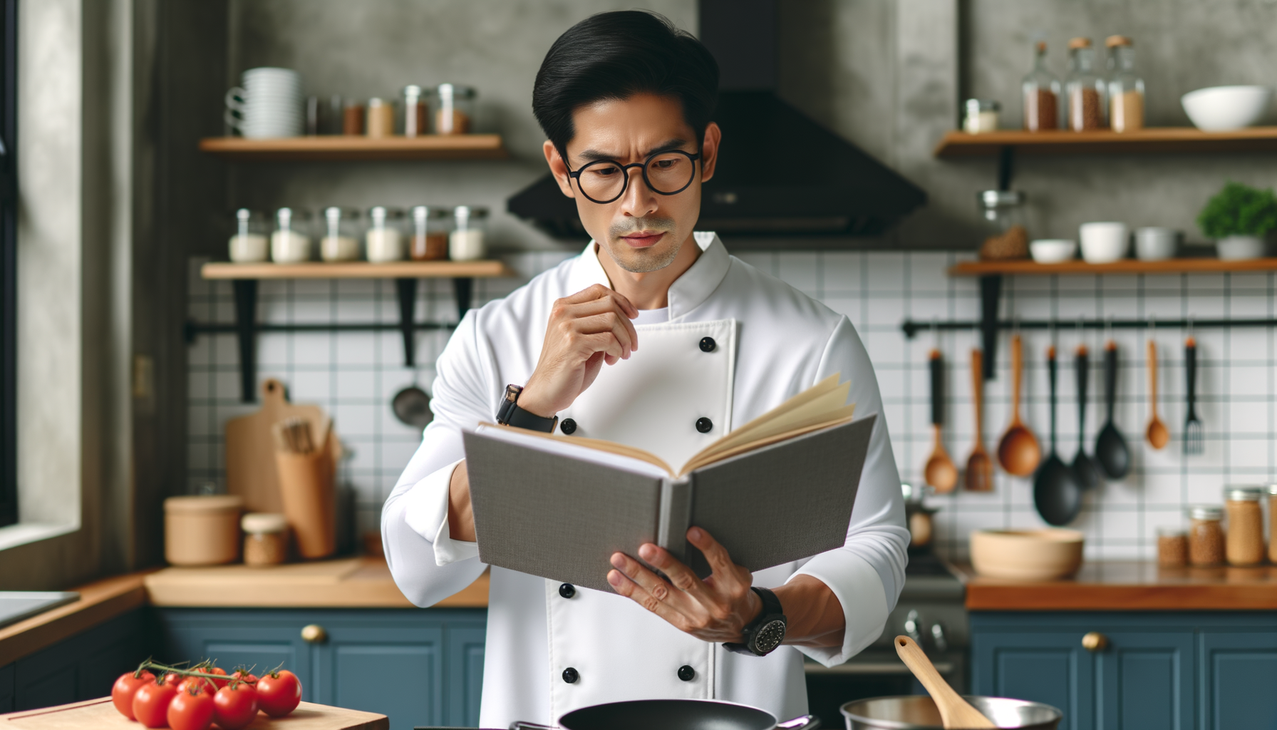 un chef ajustando una receta en una cocina moderna