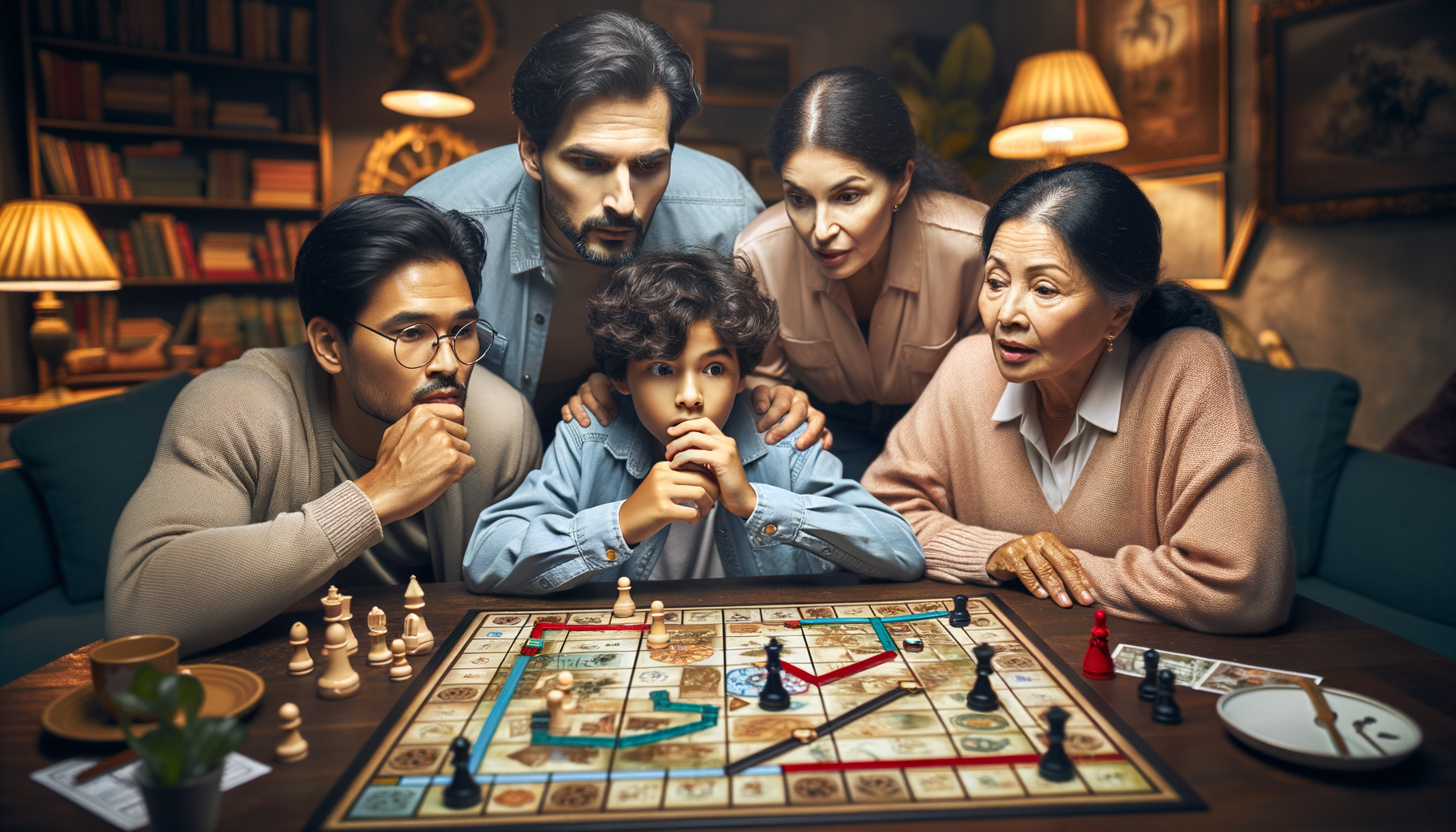 Familia resolviendo un juego de misterio pidiendo una pista