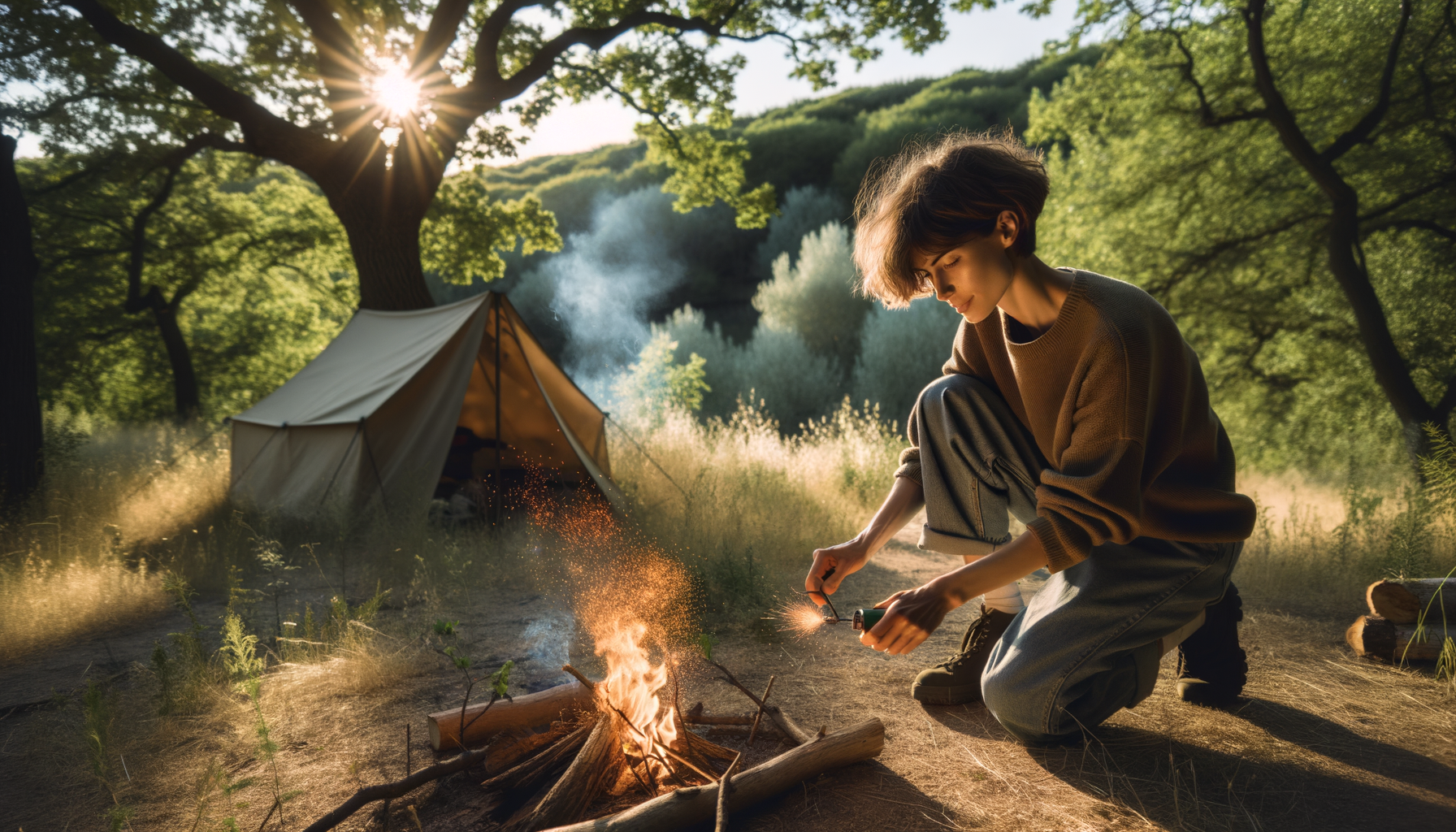 Mujer encendiendo un fuego en un campamento
