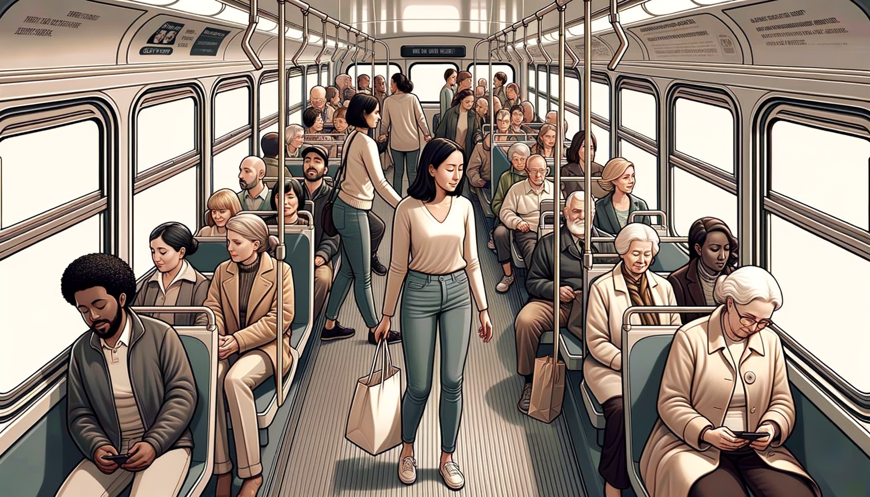 A crowded bus with people trying to find their seats, and someone gently stepping aside to let others pass through the aisle.