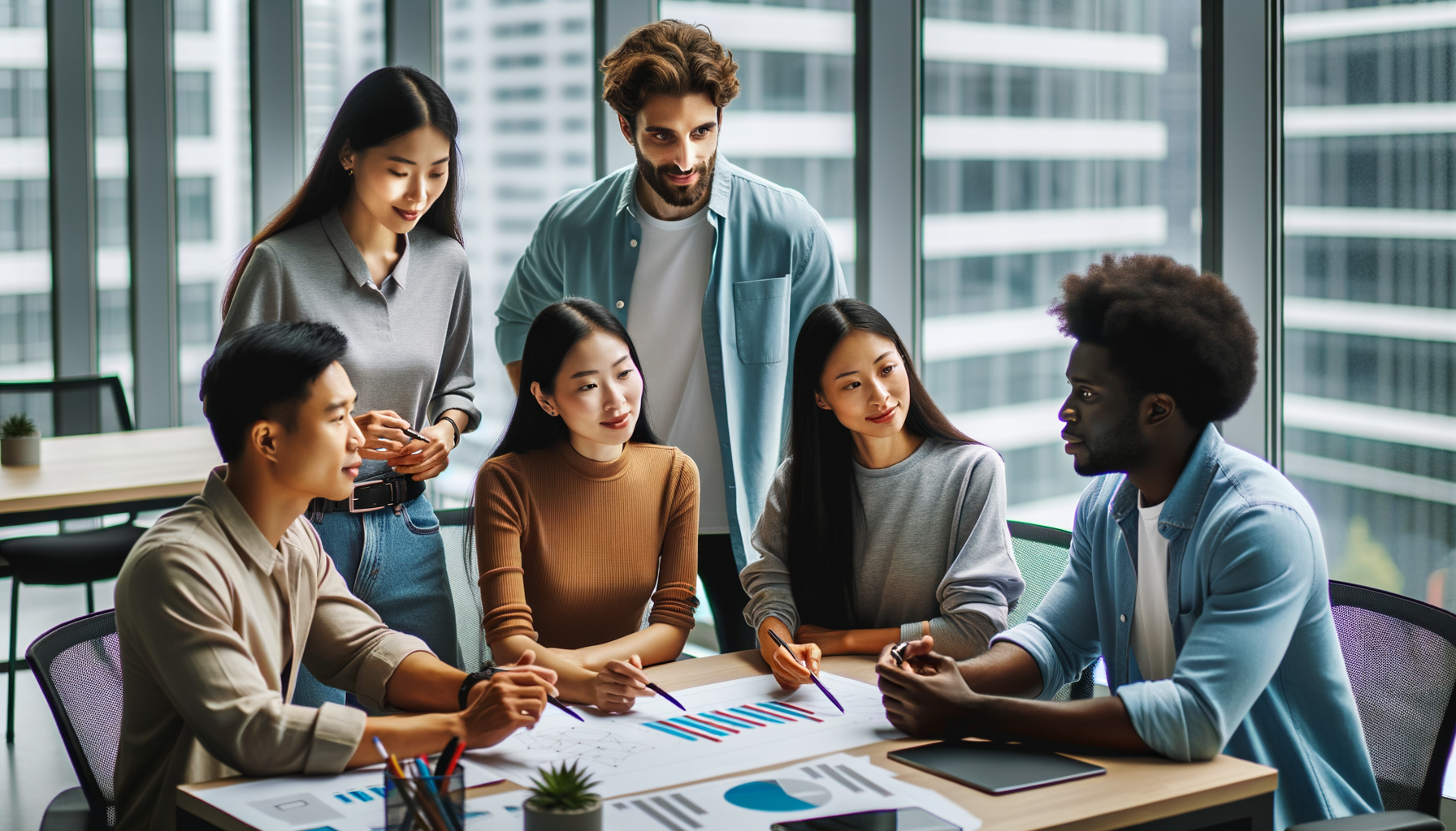 Grupo diverso de colaboradores compartiendo ideas en una oficina