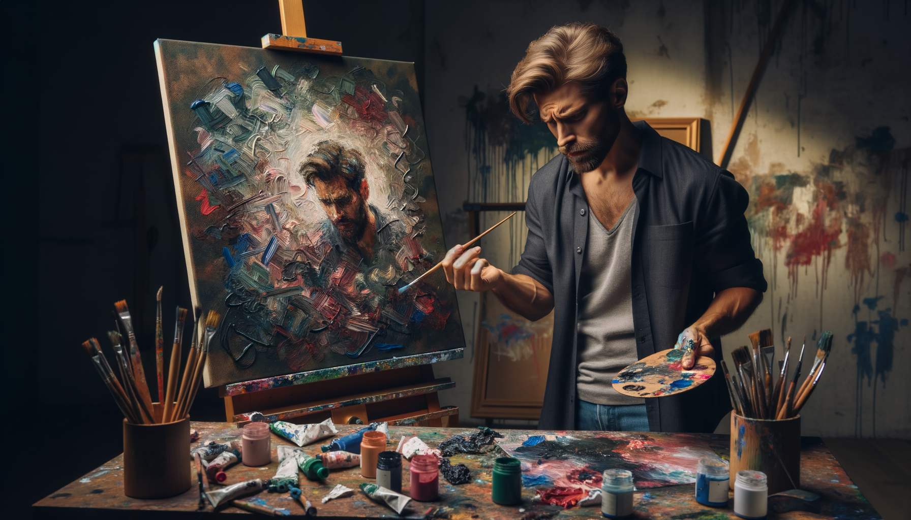 artista frustrado viendo una pintura mal hecha