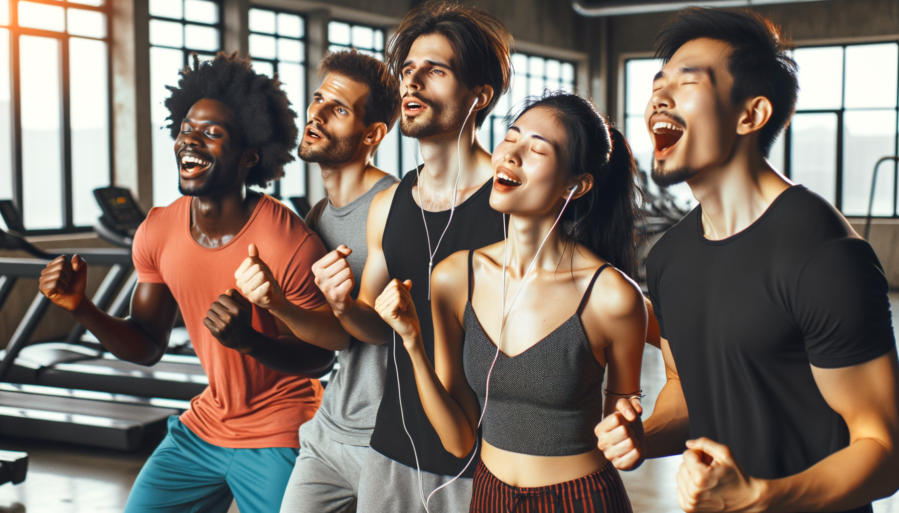 A group of friends at the gym powering up with a song