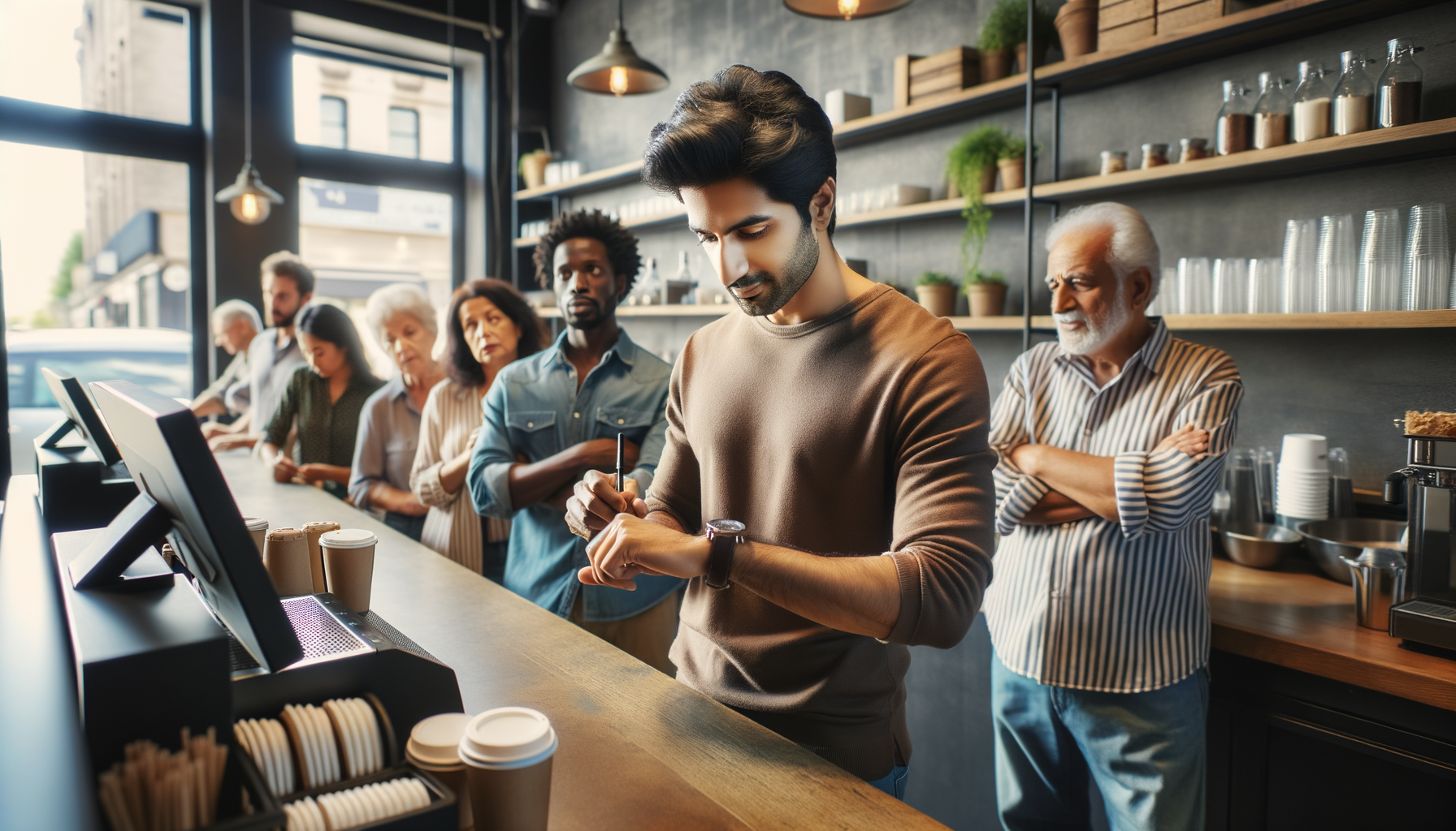 A person at a café making a quick order