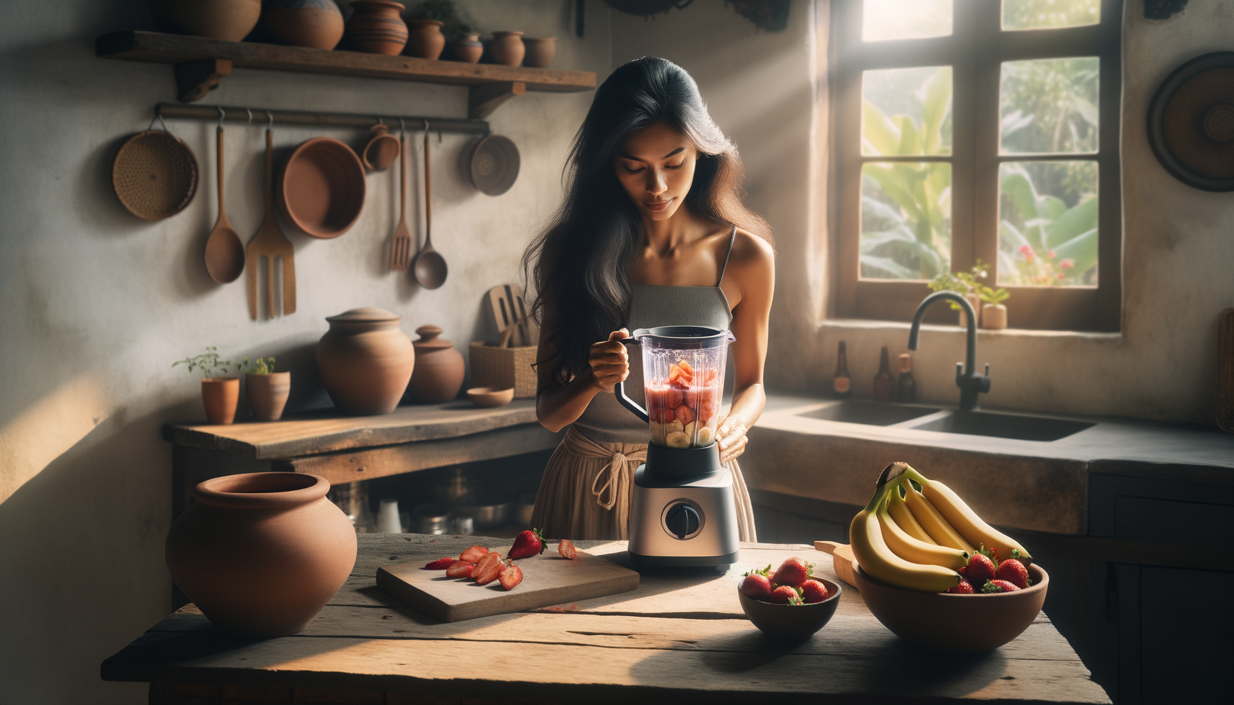 A person blending fruits in a kitchen, showing strawberries and bananas being mixed in a blender, creating a smoothie.